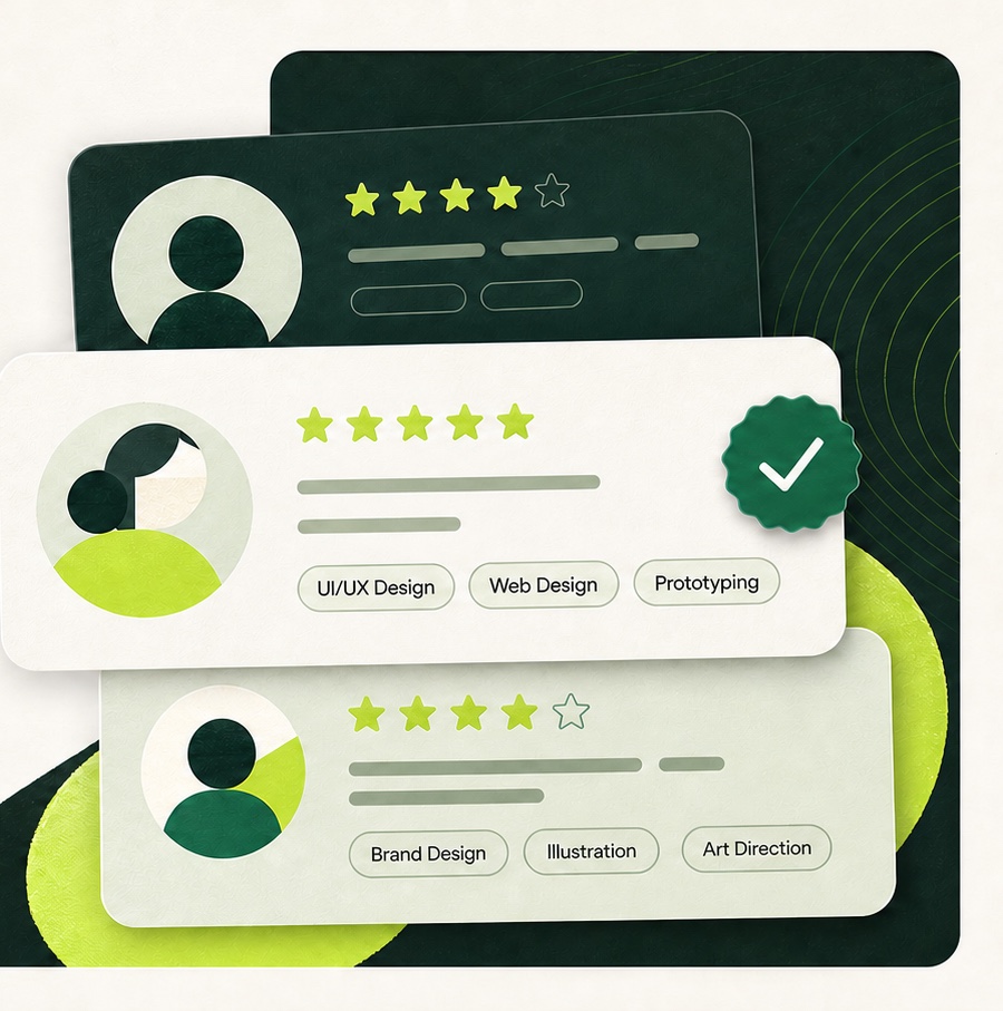 Stylized GoWorkora freelancer profile cards showing ratings, professional skills, and a verified selection.